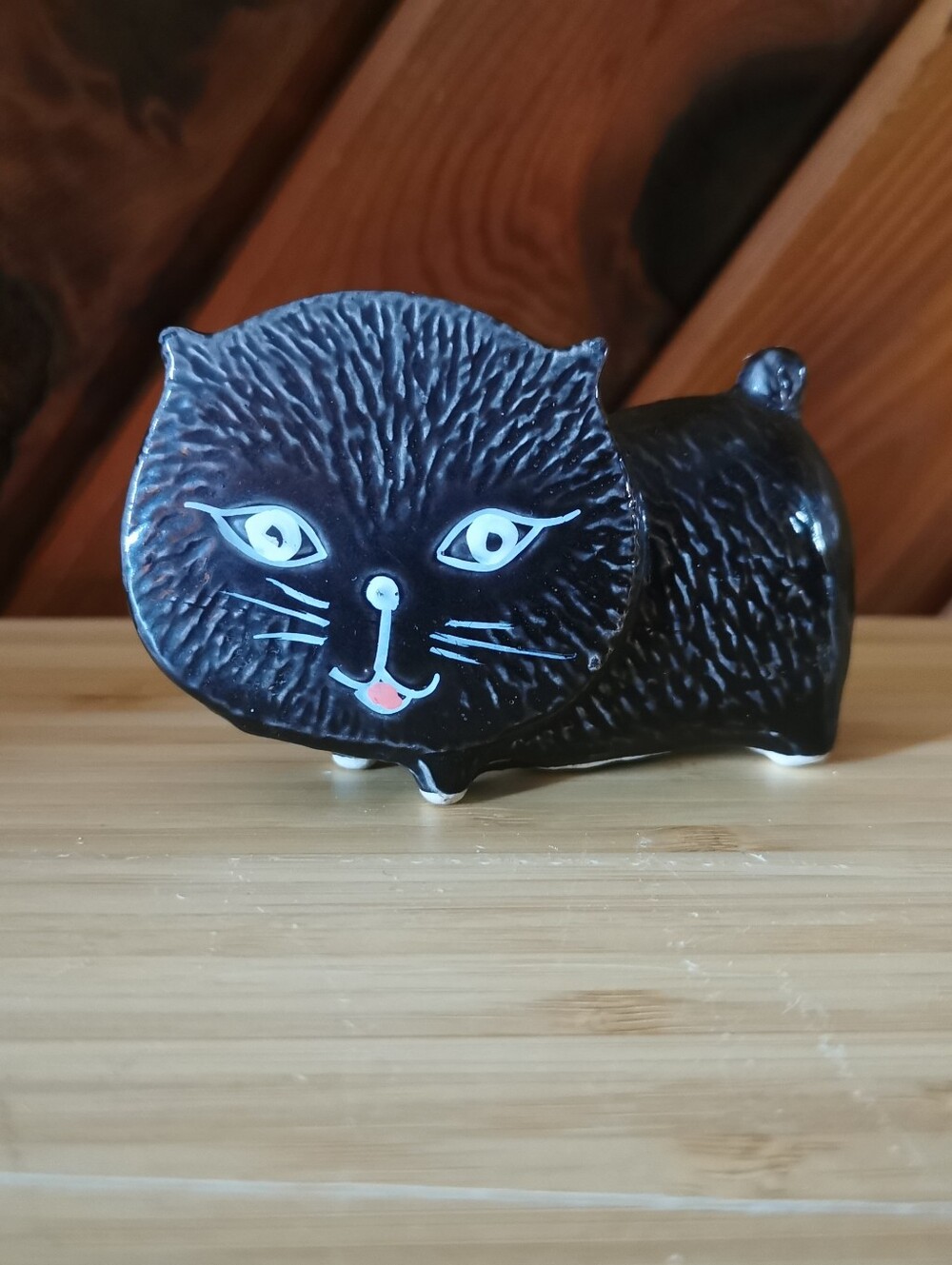 Vintage Mid-Century Hand-Painted Black Ceramic Cat Figurine | Folk Art Pottery